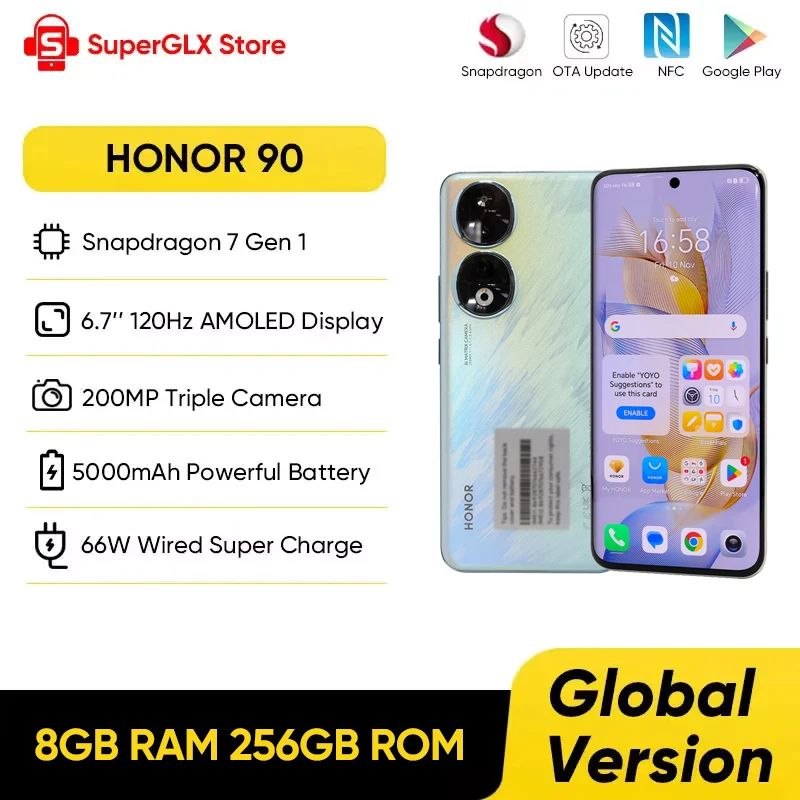 Global Version HONOR 90 5G Smartphone 200MP Ultra-Clear Camera Snapdragon 7 Gen 1 5000mAh Battery Life 66W Charger 120Hz Display