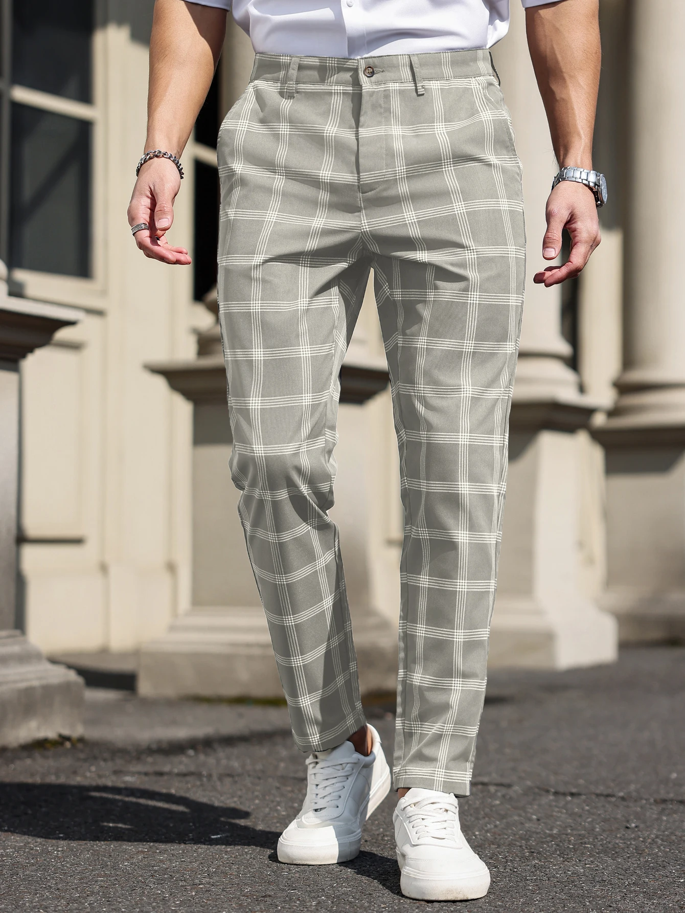 Men's Plaid Cropped Dress Pants, 100% Polyester Wrinkle‑Free Fabric, Slim Fit Ankle‑Length Business Casual Chino Trousers S‑XXL