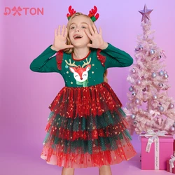 DXTON Princess Dress For Girls Christmas Gift Elk Printed Children capodanno Party Clothing Winter Layered Mesh Kids Xmas Dress