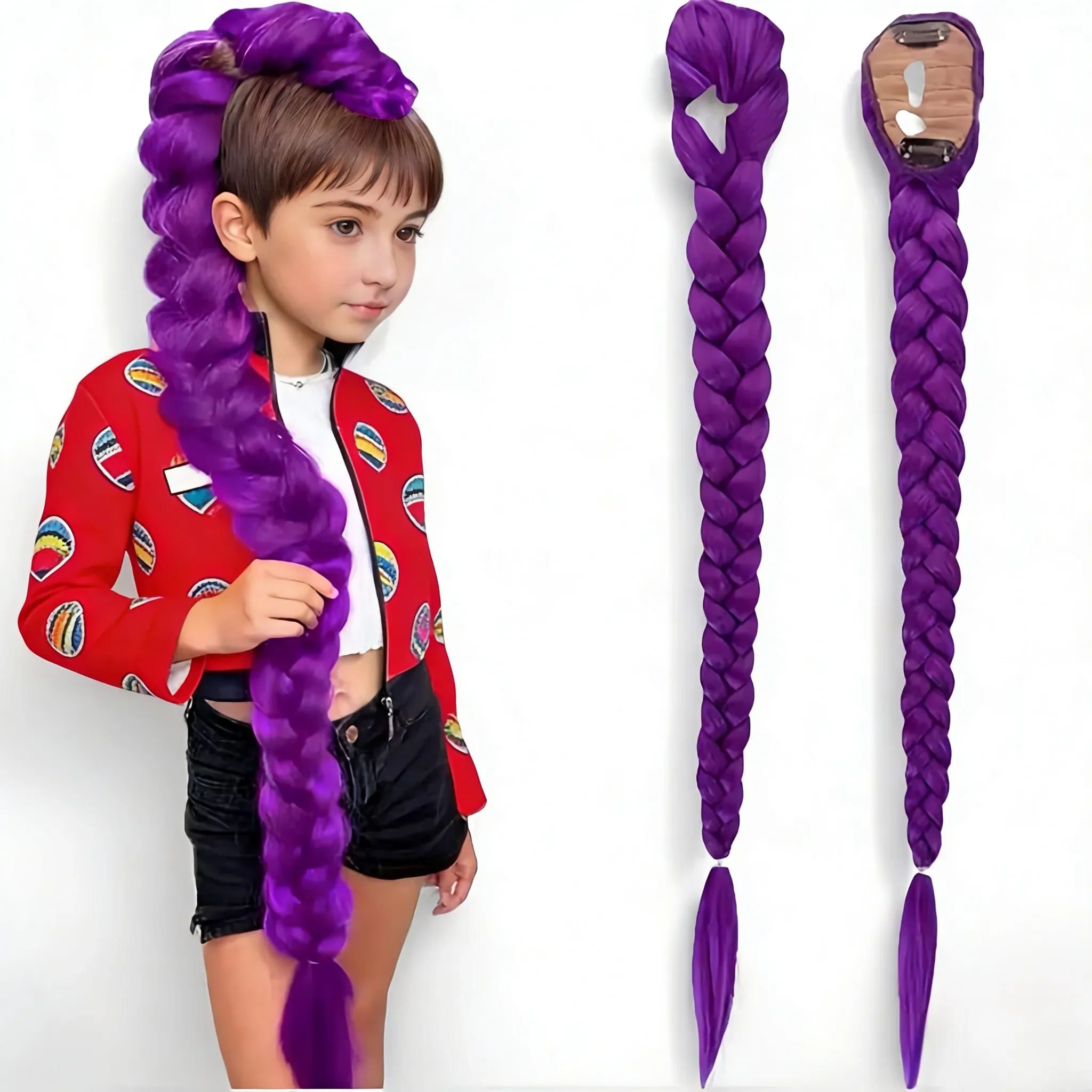 

26inch Synthetic Braided Purple Hair Ponytail Rumi Costume Hairstyle Long Ponytail with Clips for Kids Girls Halloween Christmas