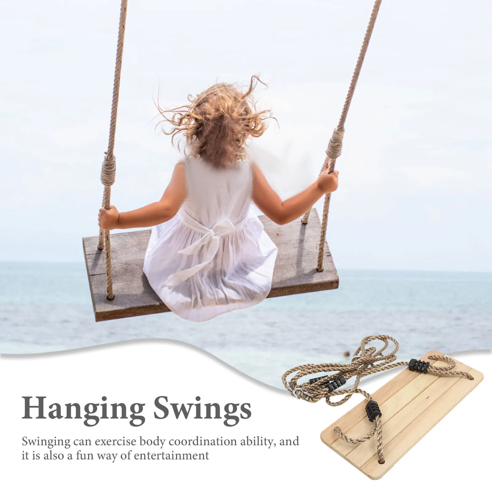 Children Wooden Swing Outdoor Indoor Hanging Chair Natural Pine Wood Smooth Finish Safe Sturdy Kids Swing Garden Porch