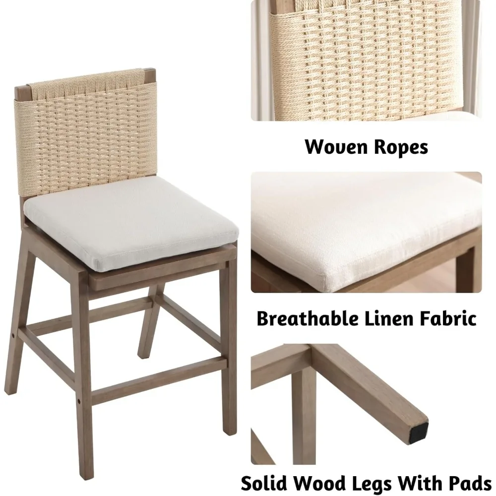 Bangku Meja Linen Tenun Set 2, Batang Rendah Tinggi Tempat Duduk 27,25" dengan Kaki Kayu Solid, Kotak Dapur Abad Pertengahan