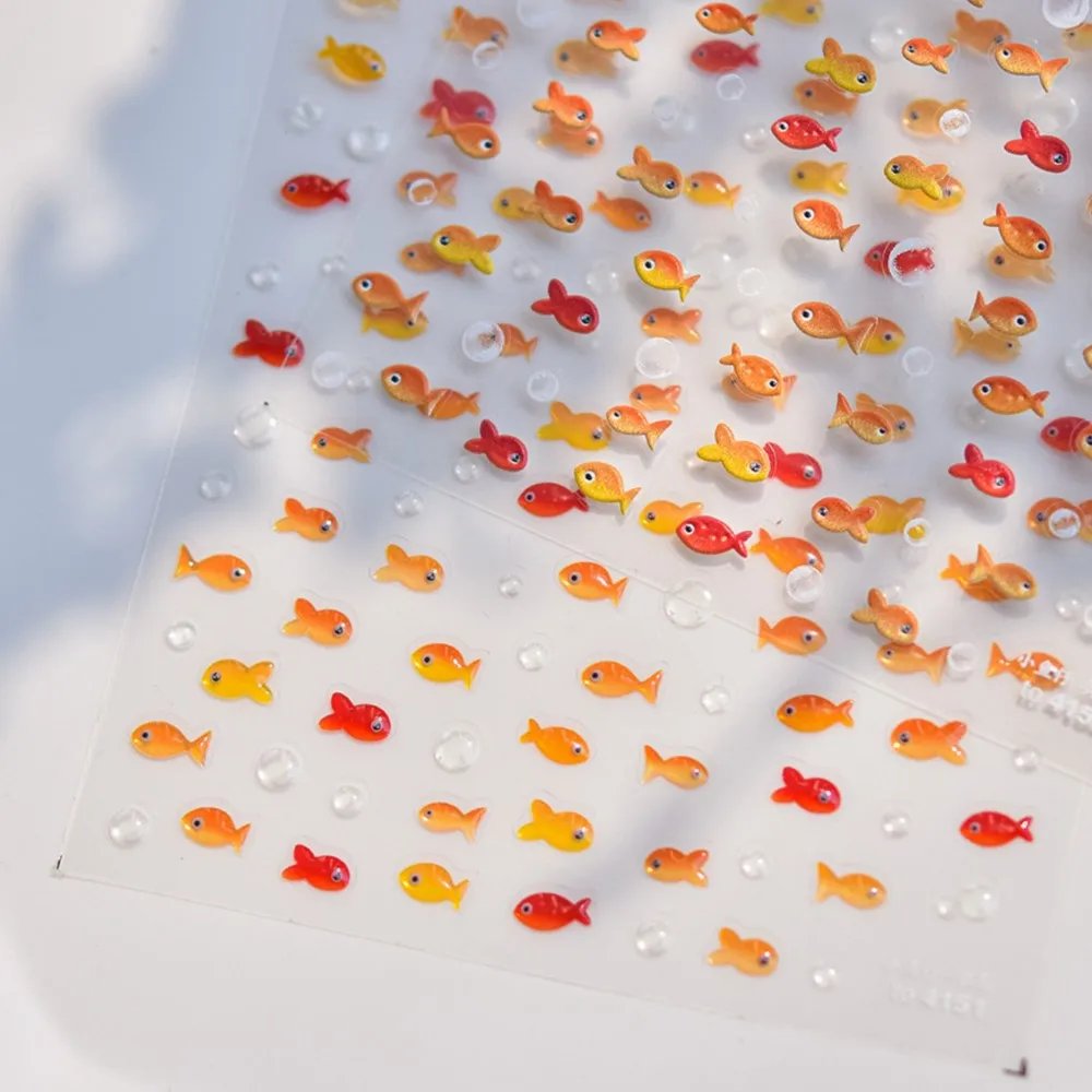 1 folha 5d em relevo geléia peixinho dourado koi etiqueta do prego decalques auto-adesivo vermelho amarelo peixe bolha arte do prego sliders manicure adesivo