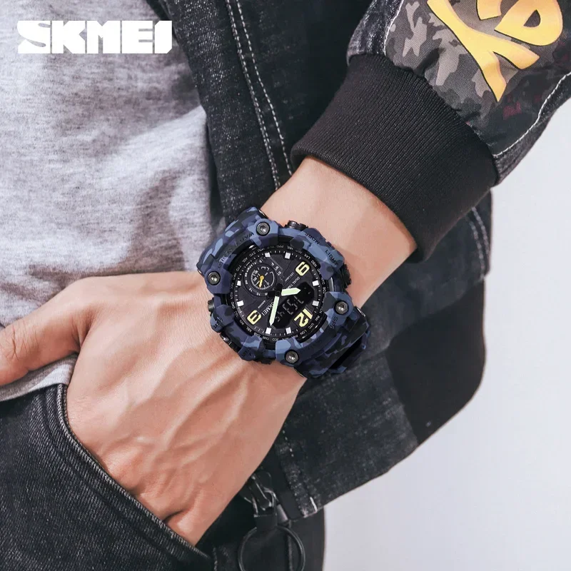 SKMEI-Reloj de pulsera deportivo para hombre, cronógrafo electrónico, resistente al agua, con movimiento Dual, Digital, 3 veces, 1637