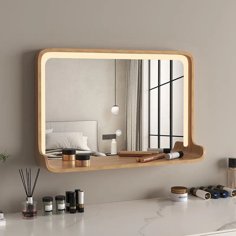 Solid wood makeup mirror wall mounted vanity mirror with light LED toilet vintage bathroom mirror wall mounted