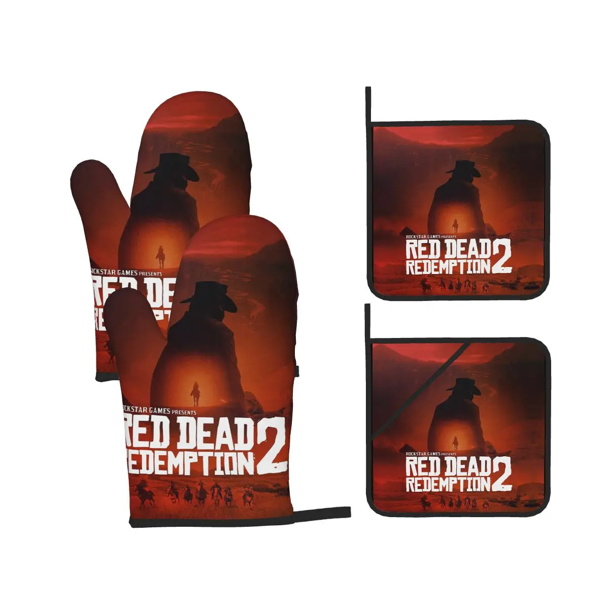 Red Dead Redemption Oven Mitts and Pot Holder Sets of 4 for Baking Kitchen Cooking Grilling Resistant Non-Slip Gloves