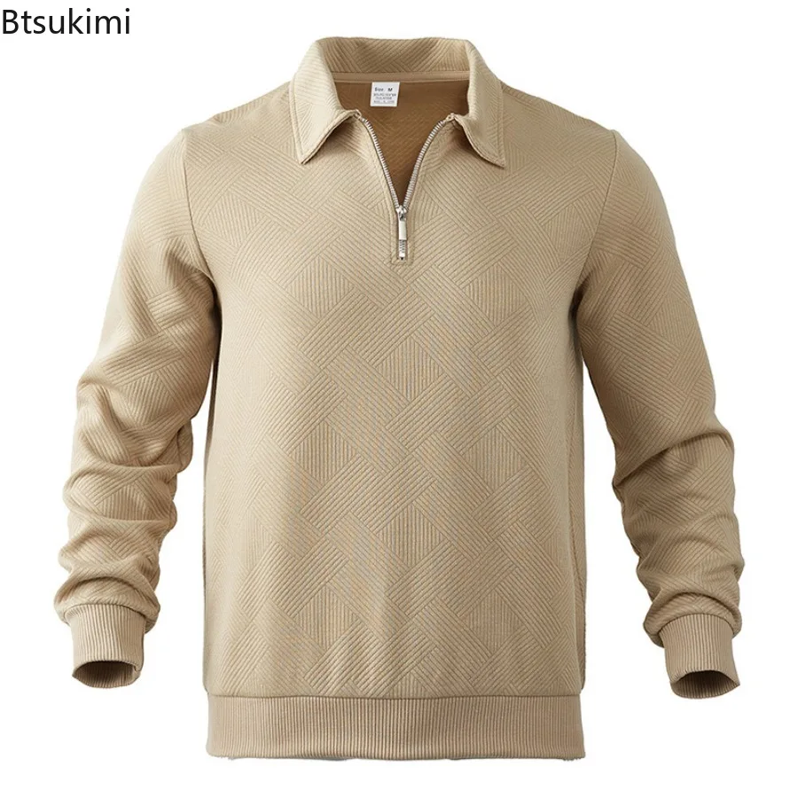 

New 2025 Autumn Men's Jacquard Solid Hoodie Long-sleeved Lapel Half Zipper Loose Polo Shirt Male Fashion Casual Pullover Tops