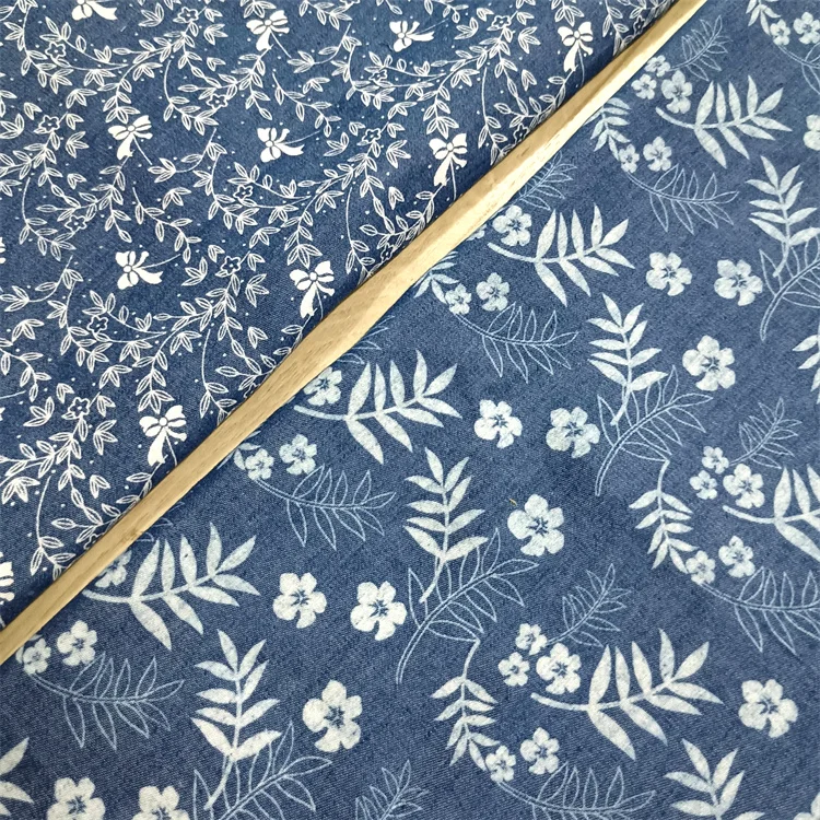 Summer Thin Printed Denim Fabric Blue Small Floral Children\'s Clothing Apparel Designer Fabric