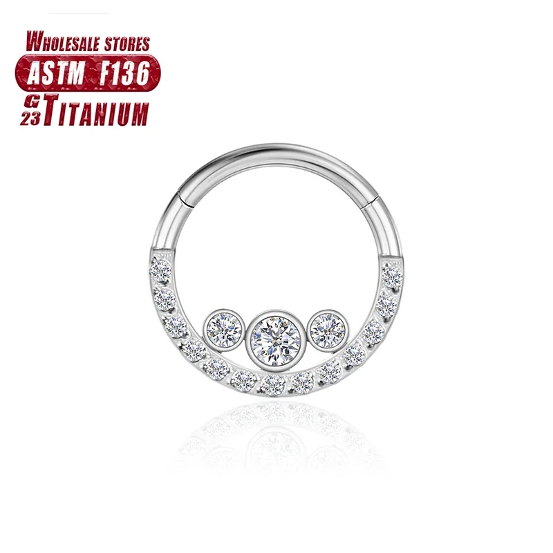 Titanium Septum Clicker Nose Ring with CZ Beads