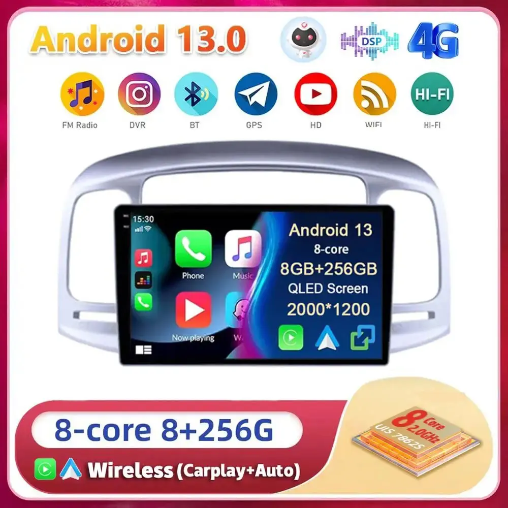 

Автомобильный радиоприемник Android13 Carplay с поддержкой Wi-Fi и 4G для Hyundai Accent 2008, 2009, 2010, 2011, мультимедийный плеер с GPS, стерео, 2din, головное устройство DSP