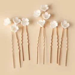 Simple White Ceramic Flower Bridal Hair Clips Pins Pearls Wedding Accessories Handmade Women Hair Piece Pearl Wedding Headpiece