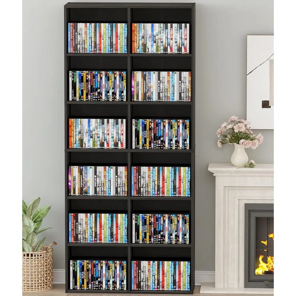 DVD Storage Tower, 6-Tier Media Storage Cabinet with Open Shelves DVD Bookshel or CD Holder, Books, Games, Blue Rays, Black