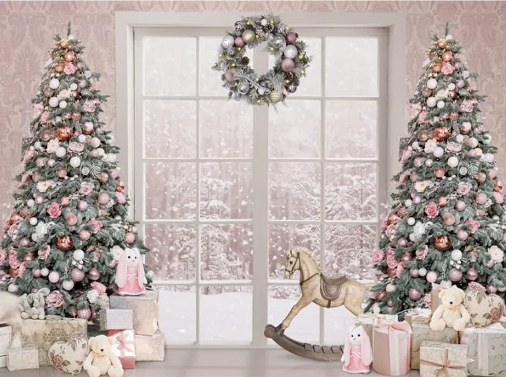 Christmas Backdrops for Photography Winter Snow Scene Pink Xmas Tree Christmas Bear White Window Background Holiday Family Kids