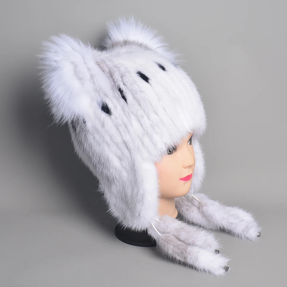 Hats For Women Natural Mink Fur Tails Earflap Winter Hat Women Real Fur Knitted Beanie Hat