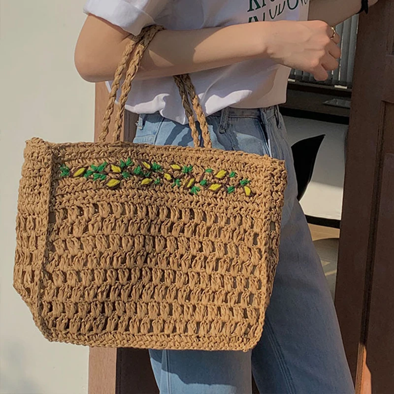 Casual Lemon Straw Handbas Women Paper Rope Handmade Weaving Big Tote Bag Summer Beach Vacation Messenger Bags Bali Purses 2023