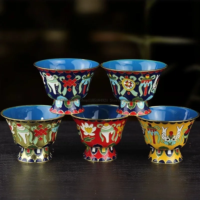 Large-sized High Foot Tibetan Tantra Cloisonne Holy Water Bowl  Home Indoor Buddha Hall Tabletop Offering Water Purifying Cup