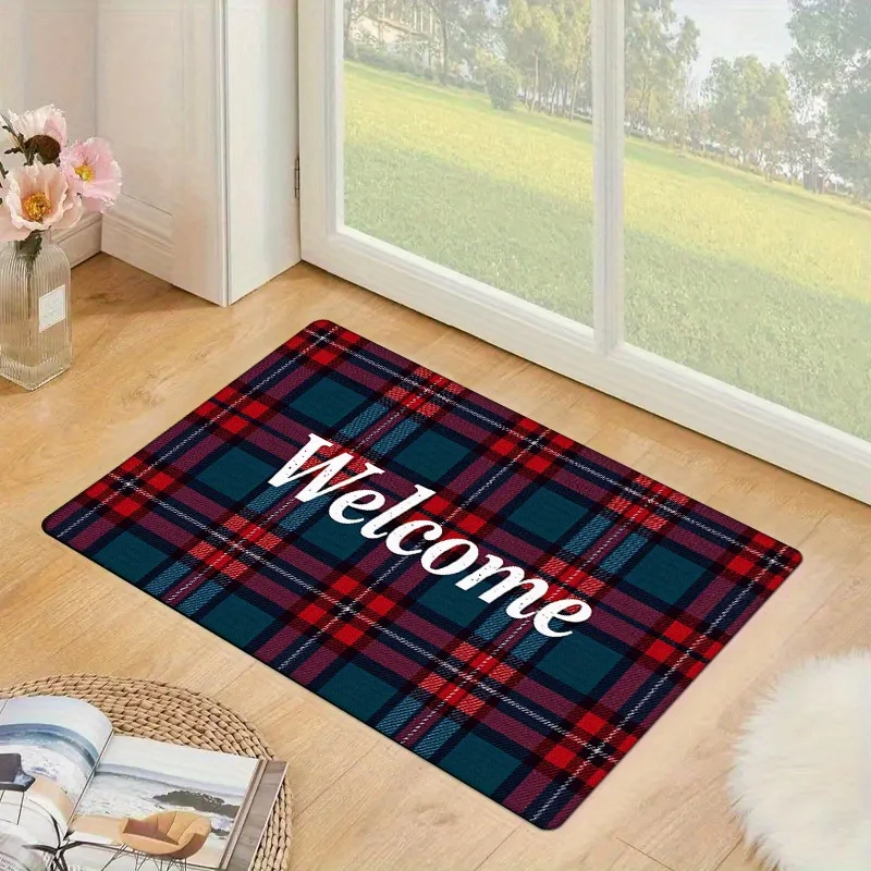 1pc British Style Scottish Plaid Welcome Doormat - Super Soft Imitation Flannel, Absorbent  Polyester, Machine Washable Non