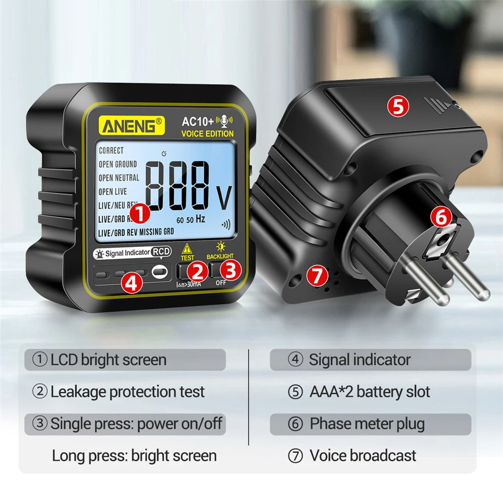 AC10 + 90 ~ 250 V Socket Tester Plug Voltage Detector Voice Broadcast Nul Lijn Plug Polariteit Fasecontrole Fase Detector US EU Plug