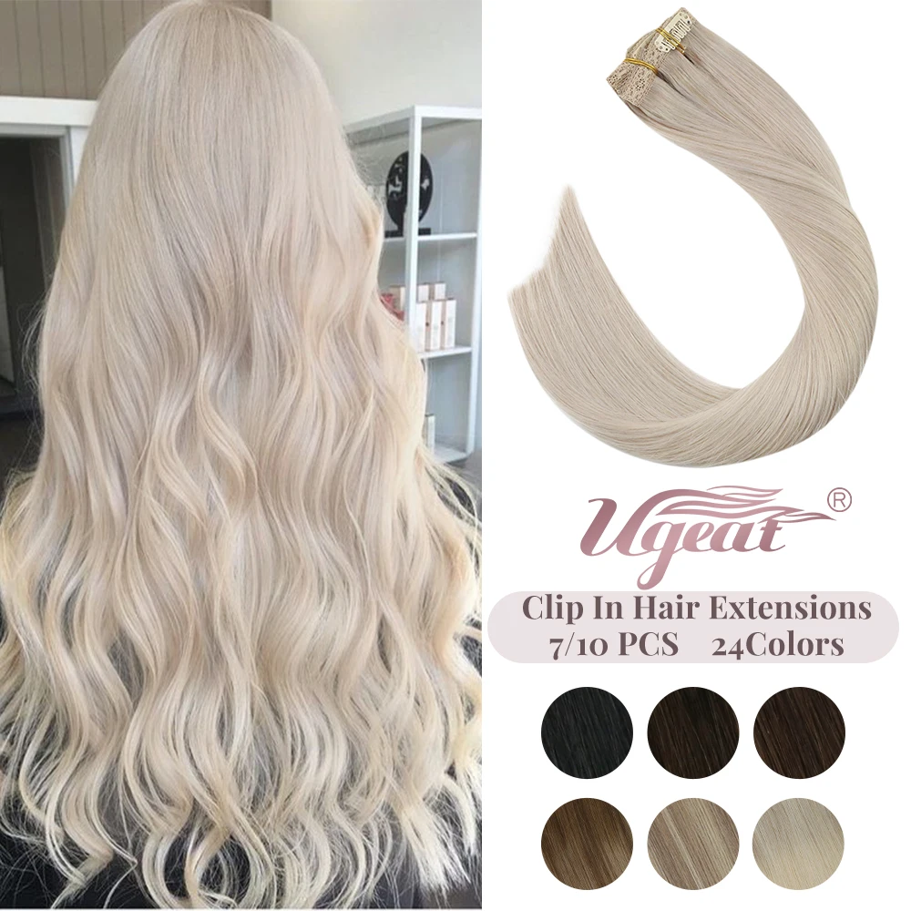 Ugeat Clip in Hair Extensions Remy Human Hair For Women White Blonde Thick Hair with Clips Straight Brazilian Hair 120G/7PCS