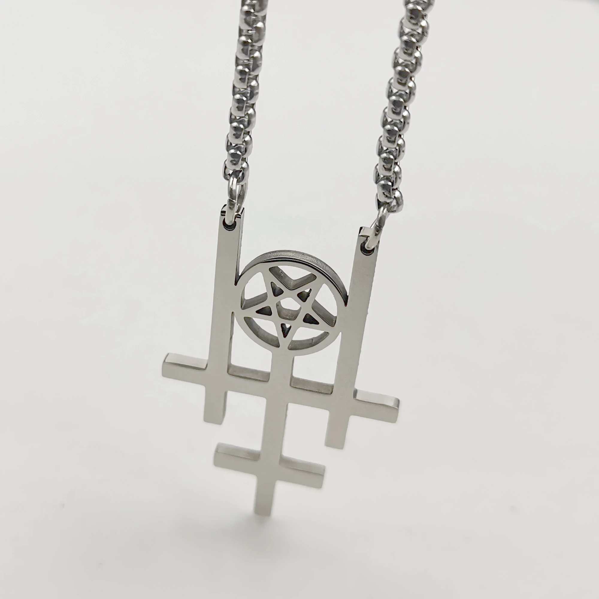 Triple Reverse Cross Pentagram Pendant Necklace Stainless Steel Pagan Wiccan Inverted Pentagram Pendant Satanic Jewelry 24''