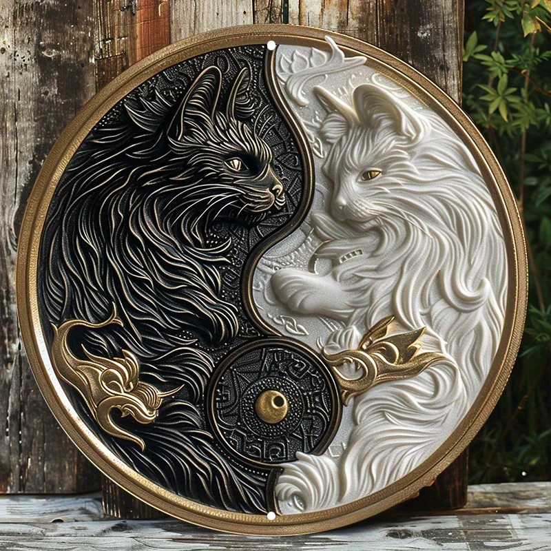

Black and White Yin Yang Cats Aluminum Metal Sign, Wall Decor, Waterproof and Weather Resistant Art Set with HD Printing Quality