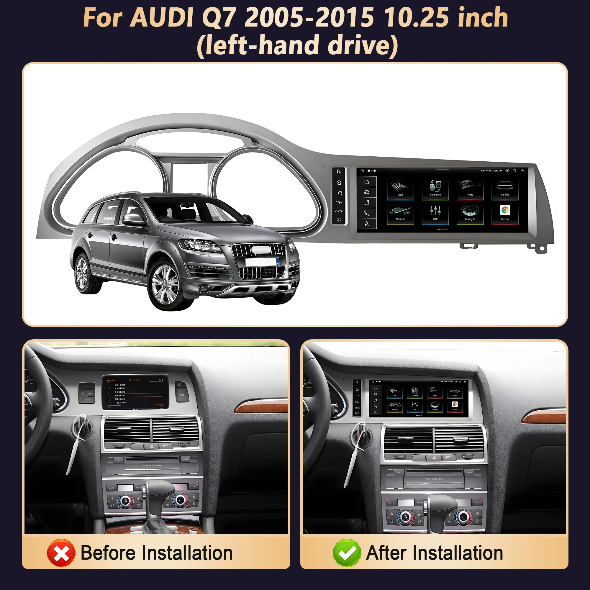 10.25 inch Carplay Wireless GPS Navigation For AUDI Q7 2005-2015 Snapdragon 685 Android 14 Touch Screen Car Radio Multimedia BT
