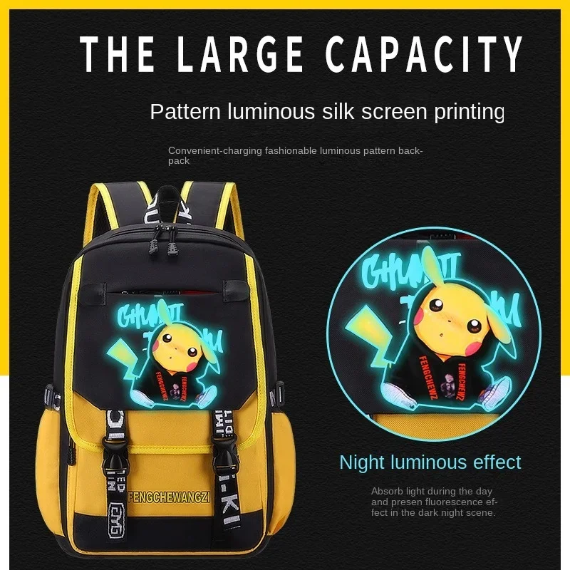 Pokemon Pikachu Schoolbag Cartoon Fashionable Luminous Large Capacity Backpack Student Zipper School Bag Rucksack for Kids Gift