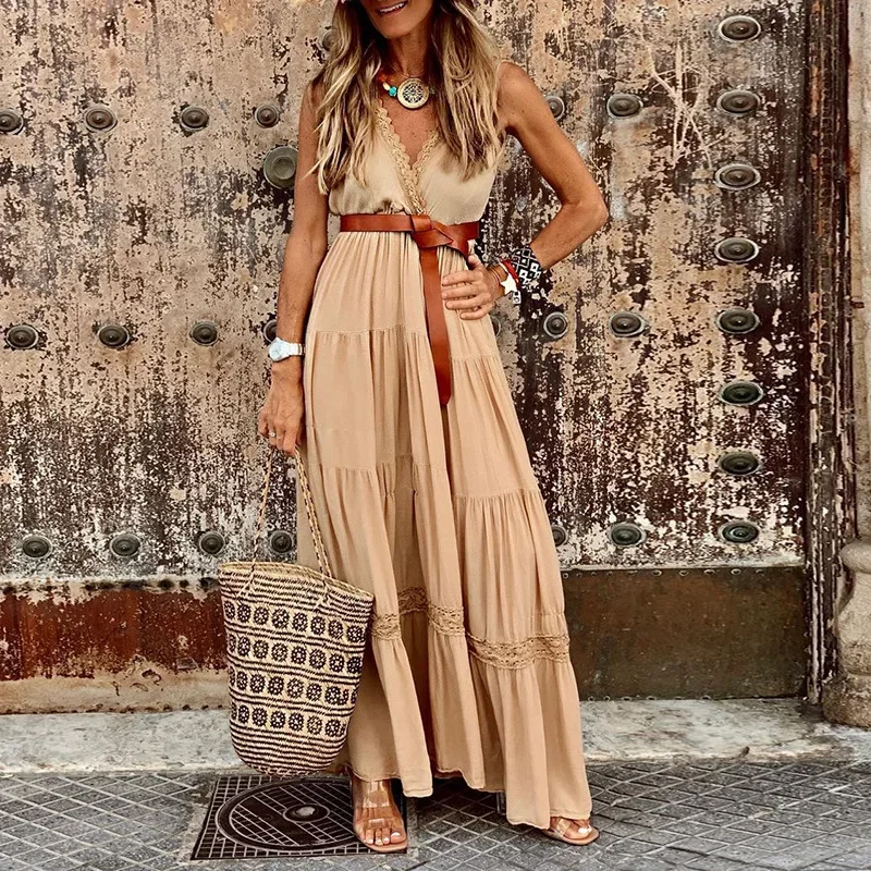 High Waist Sleeveless V-neck A-line Long Dress Summer Dress for Women Loose Casual Bare Shoulder Sexy Dresses Vestidos Street