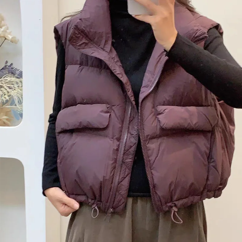 Gilet da donna in piumino d'anatra bianco Gilet corto senza maniche imbottito Capispalla invernale Seoртка ж Dön Dönusen sganпюшоном VT-369