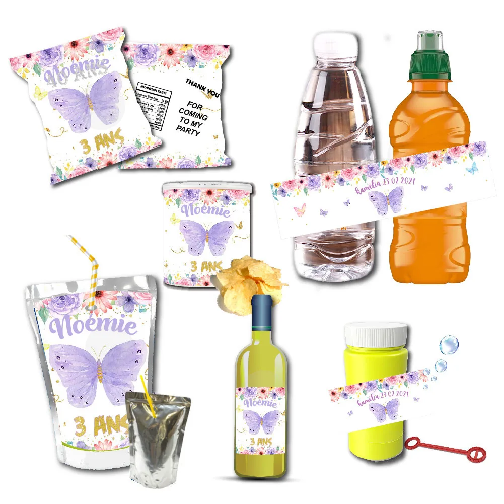 

Purple Butterfly Babyshower Water Bottle Wine Labels Juice Pouch Logo Stickers Candy Bar Wrapper Custom Baptême Party Christmas