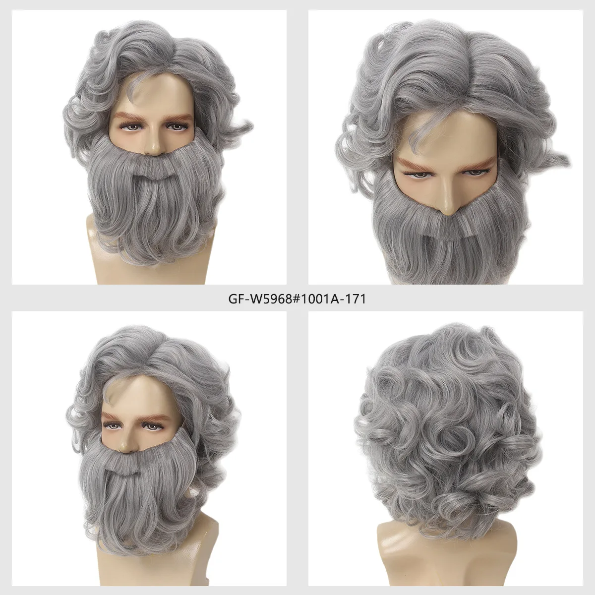 クリスマスミスターサンタクロースコスプレウィッグメンズクリスマスグレーカーリーウィッグひげ付きエジプト王合成毛ハロウィンコスチューム用