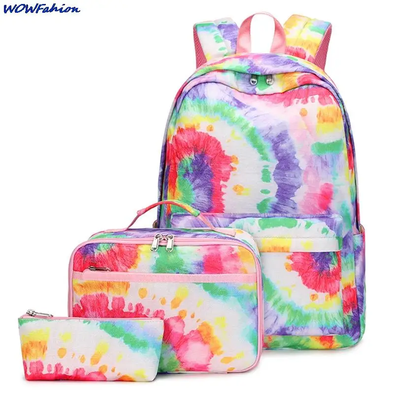 

School Bags Backpacks for School Teenagers Girls Waterproof Spine Protection Schoolbag Tie Dye Unicorn Lunch Bag and Pencil Case