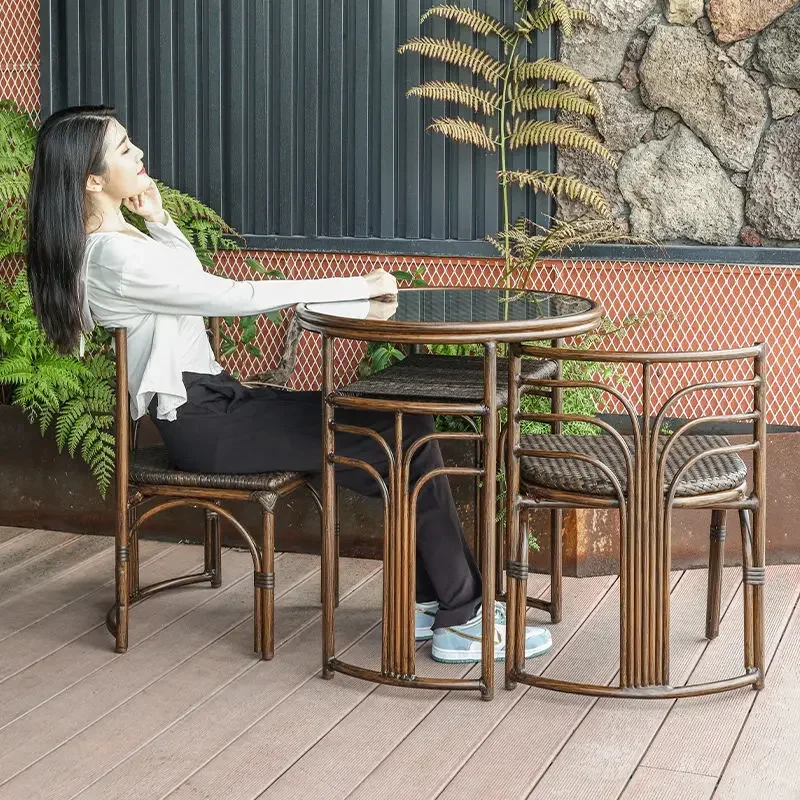 

Balcony Table and Chairs Set of Three Metal Coffee Table Chairs Home Leisure Furniture Simple Rattan Chairs Can Be Stored