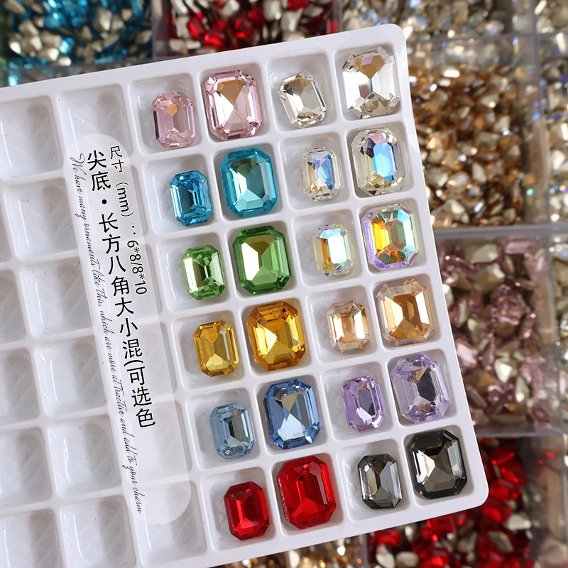 Rectangle 50Pcs K9 Glass Crystal 8x10/6x8MM Mix Size Pointed Bottom Nail Art Rhinestone 3D Glitter Manicure Decoration Diamond