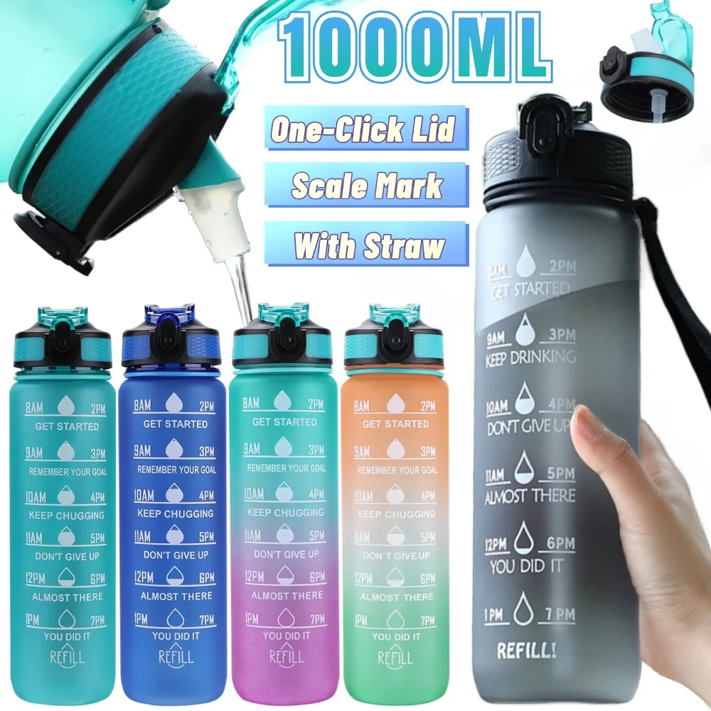 1000ml Sports Water Bottle High Temperature Resistant Straw Cup Frosted Water Cup Plastic Cup with Time Scale Drinking Cup