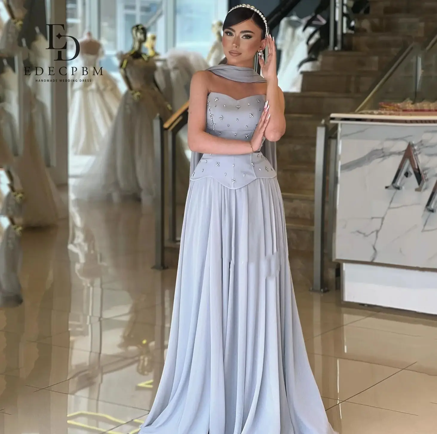 EDECPBM فساتين سهرة Dresses Gala Evening Dresses 2025 Woman Shawl Customized Grey Vestidos De Festa A-line Women's Prom Dress image 4