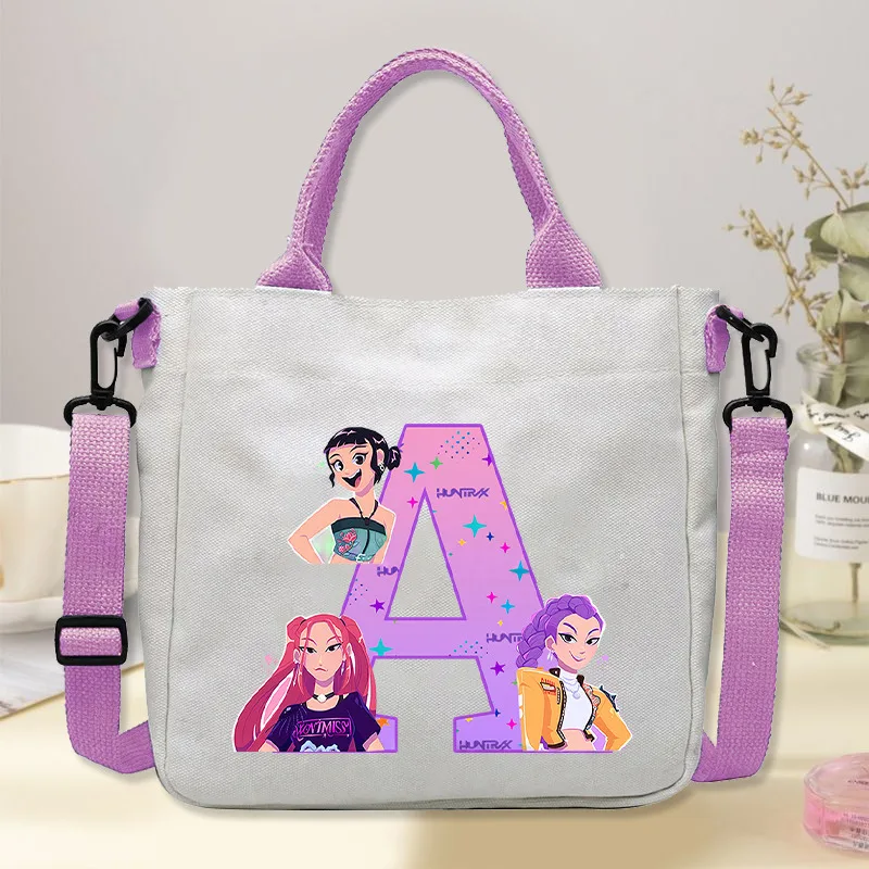 

K-pop Demon Hunters Canvas Shoulder Bag for Students Cartoon Letter Printed Crossbody Bag Girls Fashion Portable Handbag Gifts