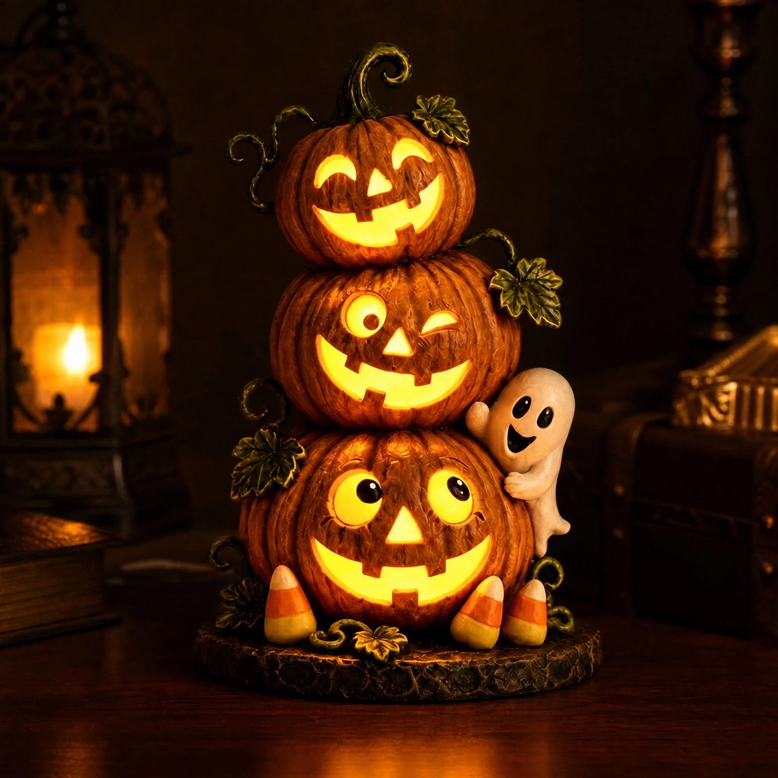 Pumpkin and Ghost Ornament Indoor Outdoor Resin Halloween Ornament with Corncandy Accents for Porch, Mantel