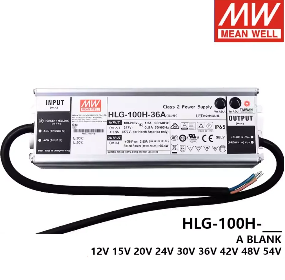 MEAN WELL 100 Вт постоянное напряжение + светодиодный драйвер постоянного тока HLG-100H 20 В 24 В 30 В 36 В 42 В 48 В 54 В Тип A/Тип B с регулируемой яркостью