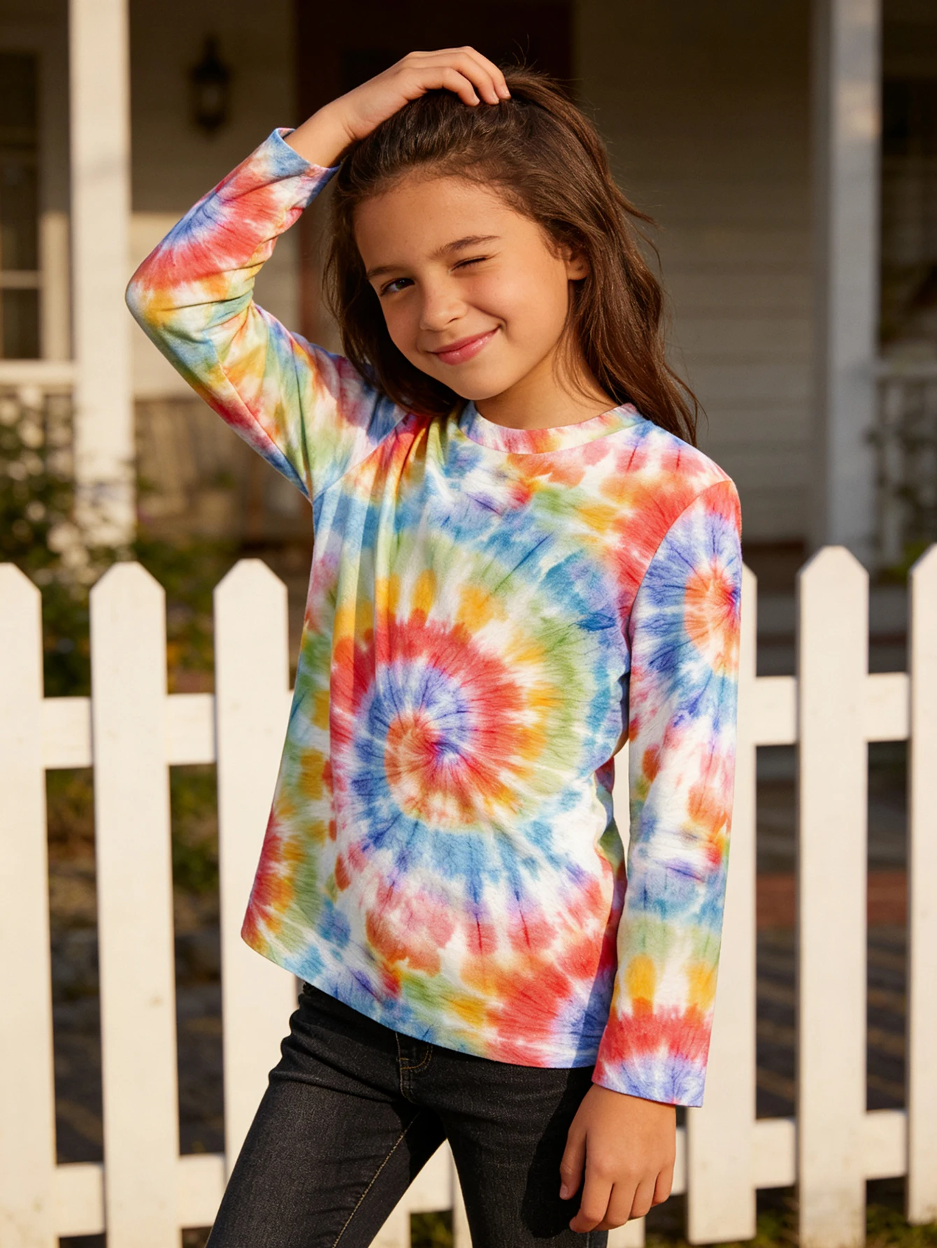 

2026 girls colorful tie-dye long-sleeved T-shirt, spring and autumn fashion top