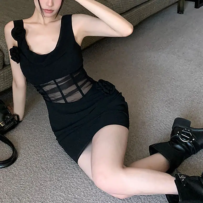 Novedad De verano, vestido negro para Mujer, Vestidos sexis ajustados con cordones y cuello Halter Y2k, Vestidos De cintura alta con cordones y cuello Halter para Mujer