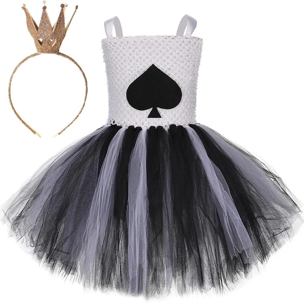 Queen of Spades Tutu Dress for Girls Heart Poker Card Halloween Costumes for Kids Birthday Party Tulle Outfit Children Clothes