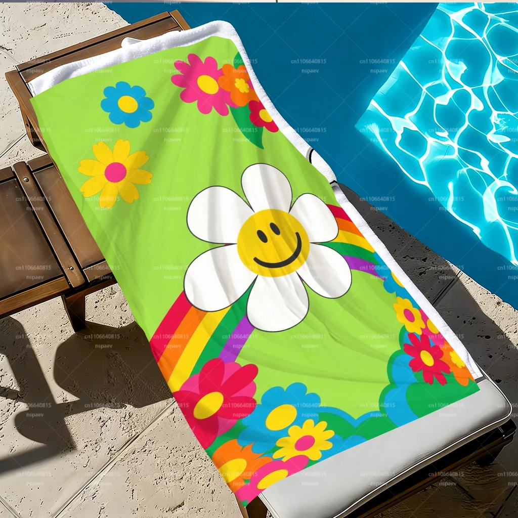 Retro Smile Daisy Rainbow Beach Towel, Colorful Flower Print Quick Dry Microfiber Bath Towel, Lightweight Absorbent Towel