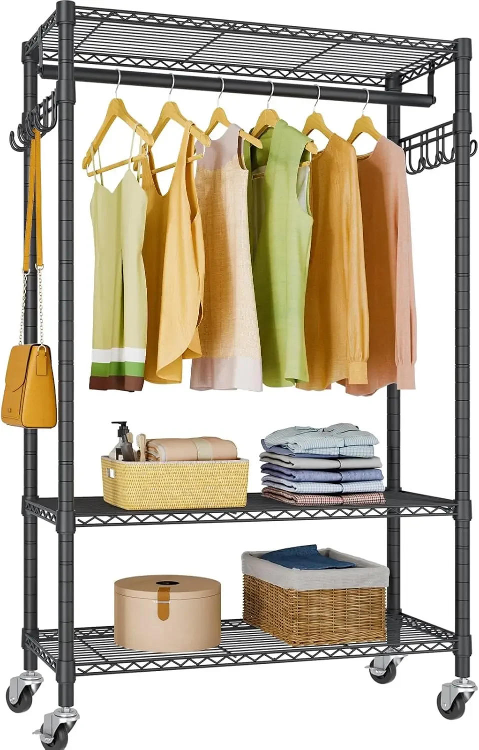 

R1 Heavy Duty Garment Rack with Lockable Wheels, Portable Rolling Closet with Adjustable Shelves & Hanging Rod & Side Hooks,