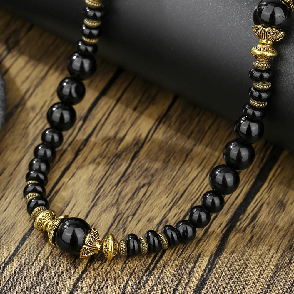 New Men Necklace Black Onyx Obsidian Stone Choker Antique Gold Color Metal Collar Neck Accessories Casual Guy Masculine Jewelry