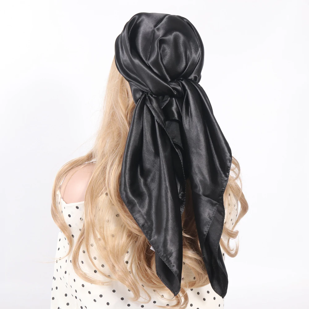 Solid Colors Silk Scarf Women Satin Hair/Head Scarves Black White Army Green Brown Khaki Square 90*90cm Foulard Female Hijab