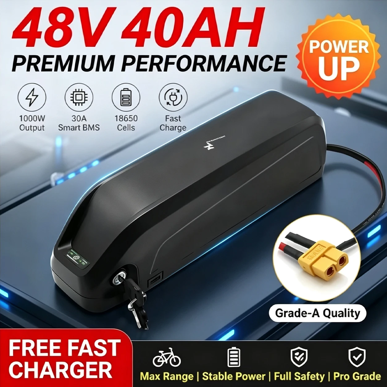 Batteria per e-bike LIDIKALA 48V 40Ah Hailong Max, montata sul tubo inferiore, dotata di un sistema di gestione della batteria intelligente da 40A e di celle agli ioni di litio 18650 con dispositivi