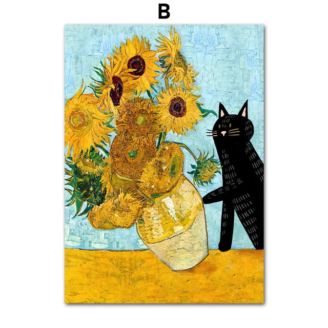 面白いアートマティスモネ黒猫ゴッホひまわりキャンバス絵画ポスターや