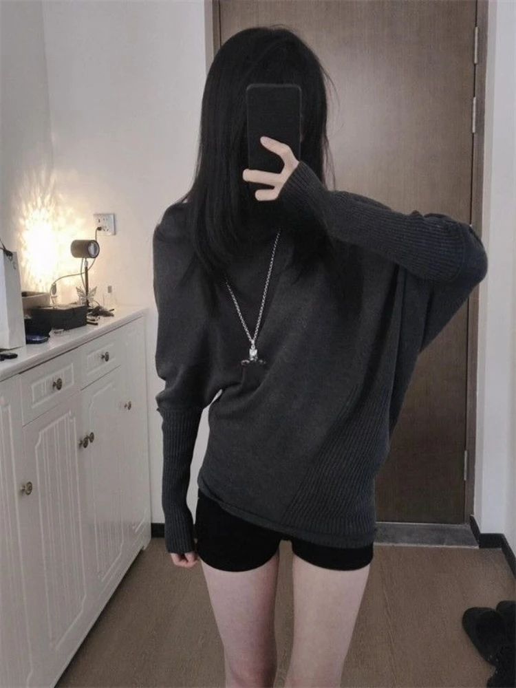Y2k Korean Fashion Slim Batwing Sleeve Autumn Sweaters 2000s Pure Color Subculture Casual Long Sleeve Vintage Pullovers Sweaters