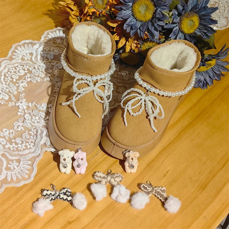 

Fashion Boots Shoes Decorated Pearl Shoe Chains Plush Teddy Bear Bows Shoe Flowers boots Shoe Buckles Girl Shoes Charms